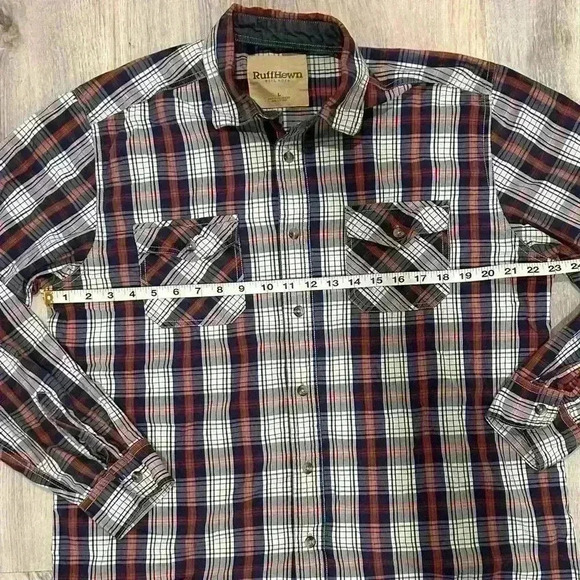 Ruff Hewn Well Worn Men’s Long Sleeve Plaid Button Down Shirt Navy Orange Size L - Picture 6 of 7